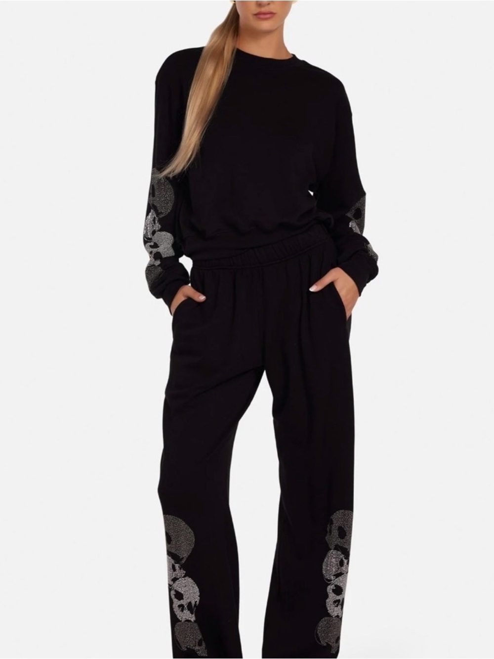 Lauren Moshi Black Juvia Stud Skull Wide leg pant